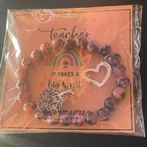 Teacher Gift: Pink and Black Beaded Bracelet with Heart Charm